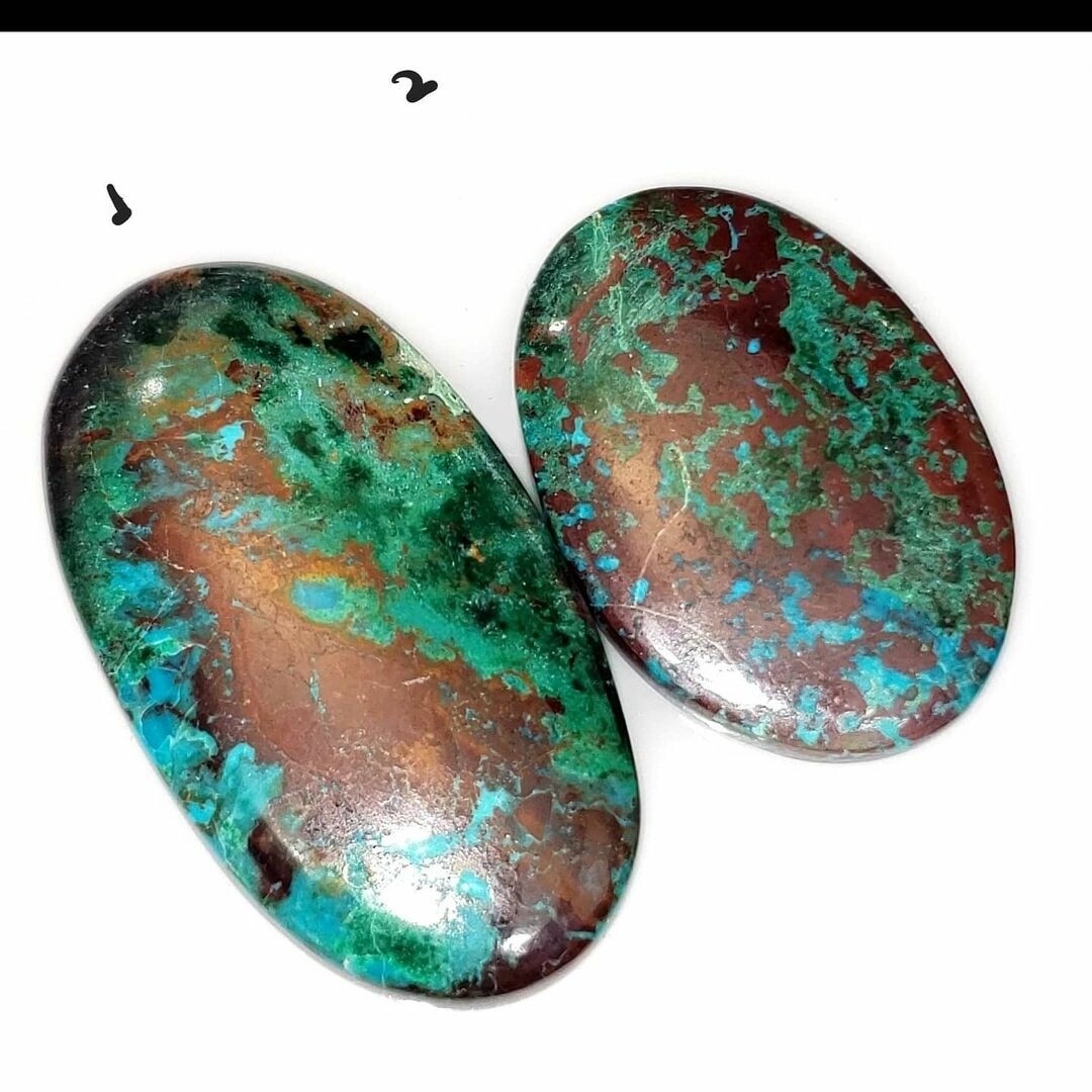 Natural Chrysocolla Malachite Cabochon. Lengths are 40 and 31mm