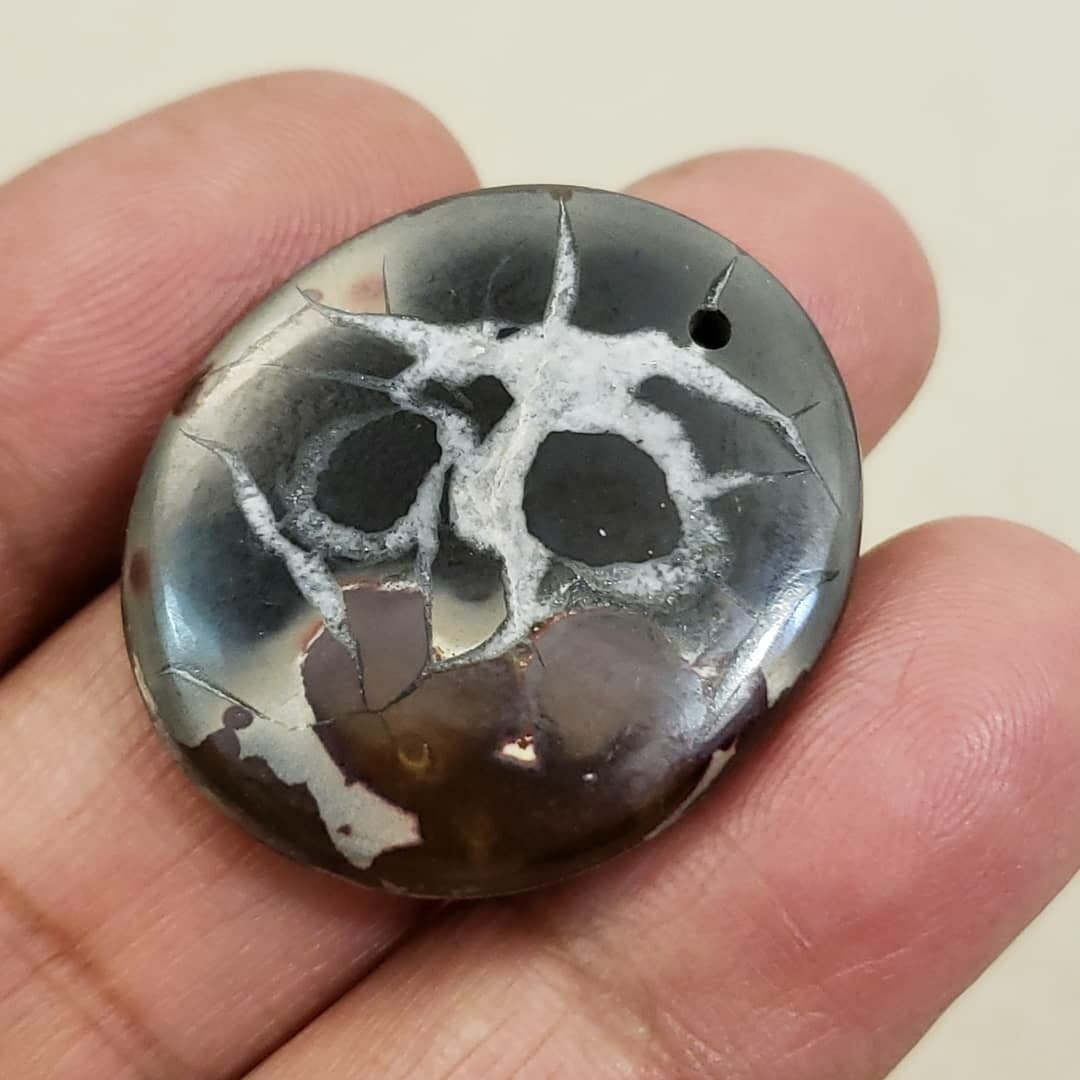 Natural Black Septarian Geode DRILLED Pendant Bead 31x26mm