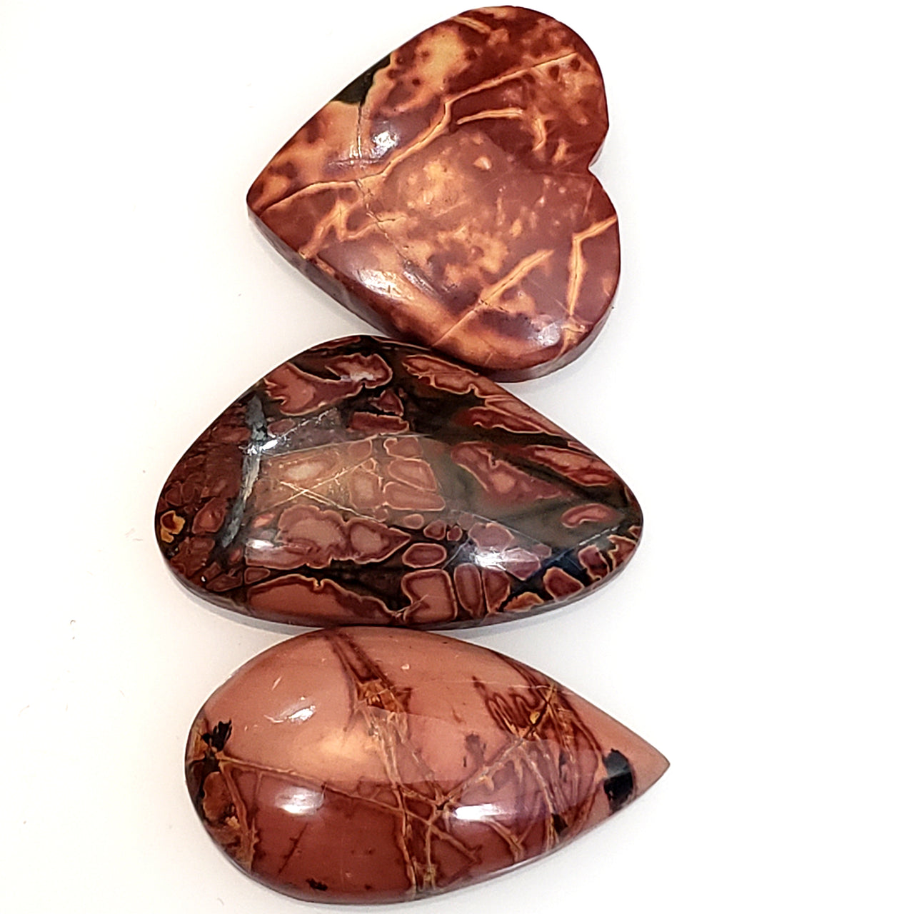 Natural Red Creek Jasper Cabochons. Length range is 19 to 25mm