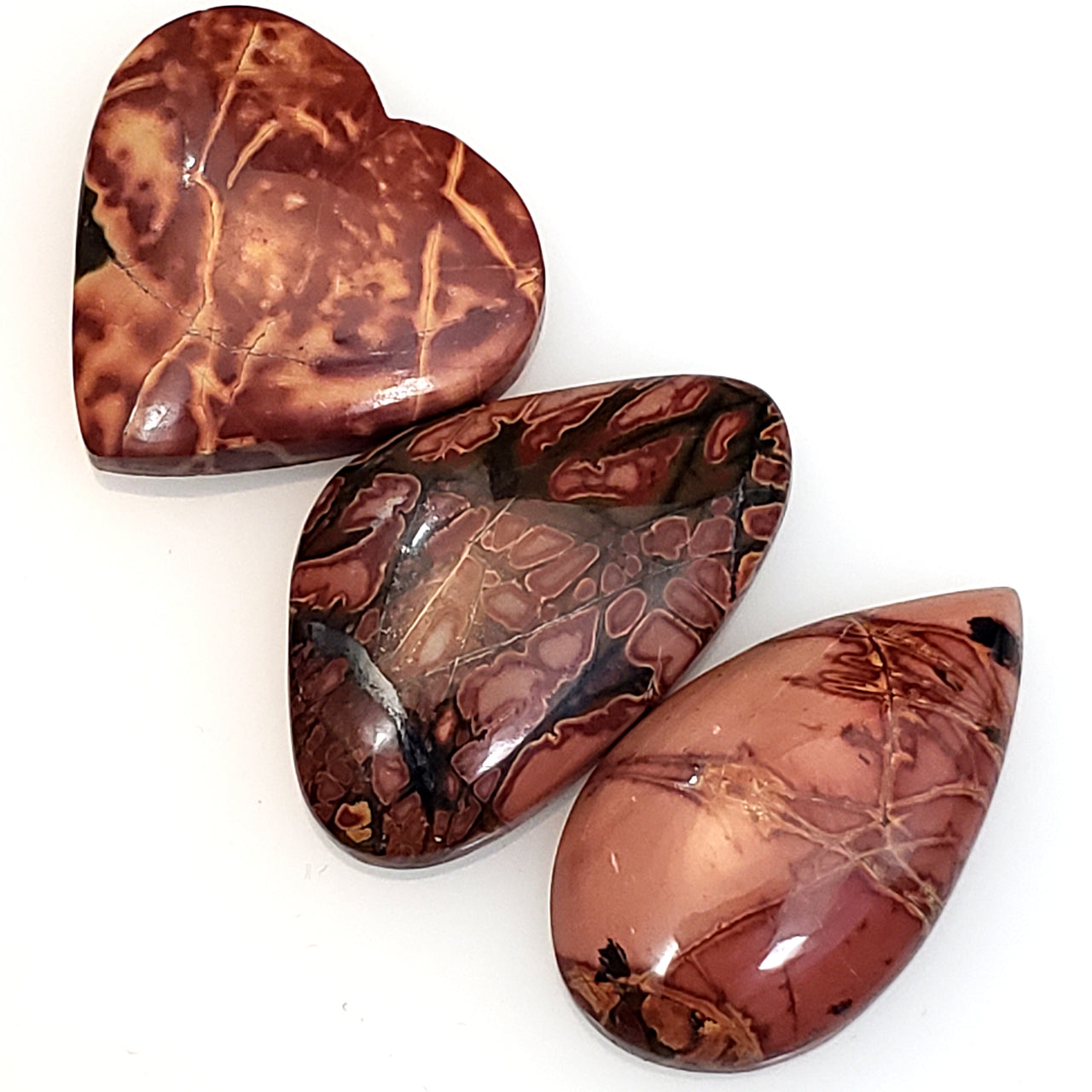 Natural Red Creek Jasper Cabochons. Length range is 19 to 25mm