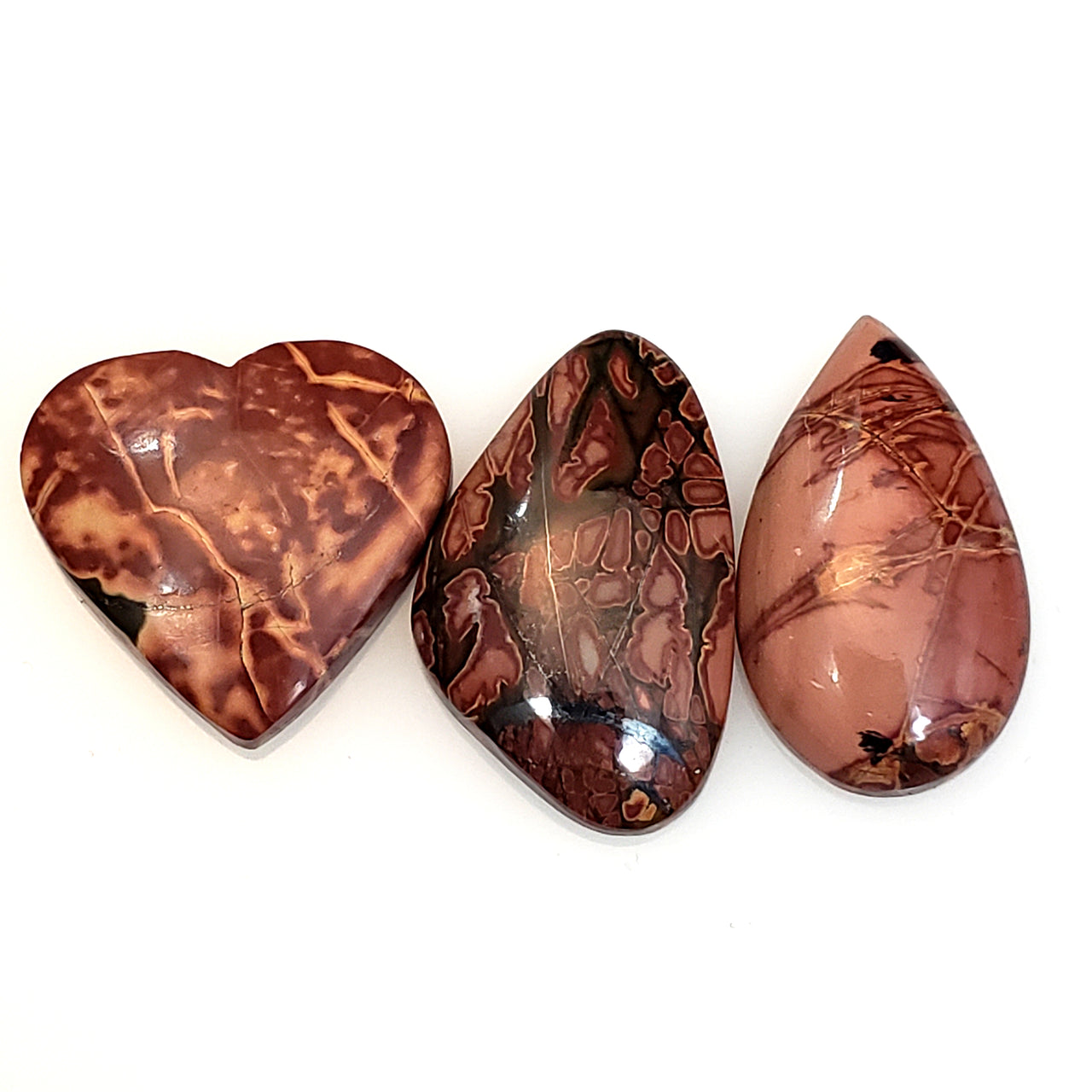 Natural Red Creek Jasper Cabochons. Length range is 19 to 25mm