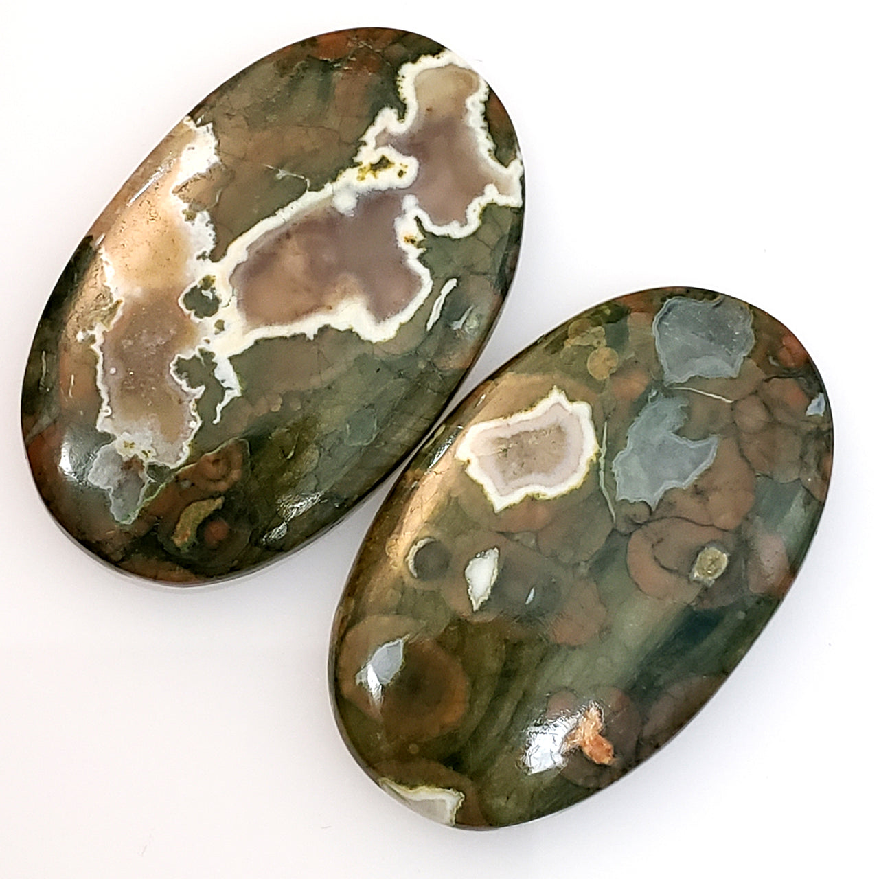 Natural Rhyolite Rainforest Jasper Cabochons Lengths are 37 and 36mm