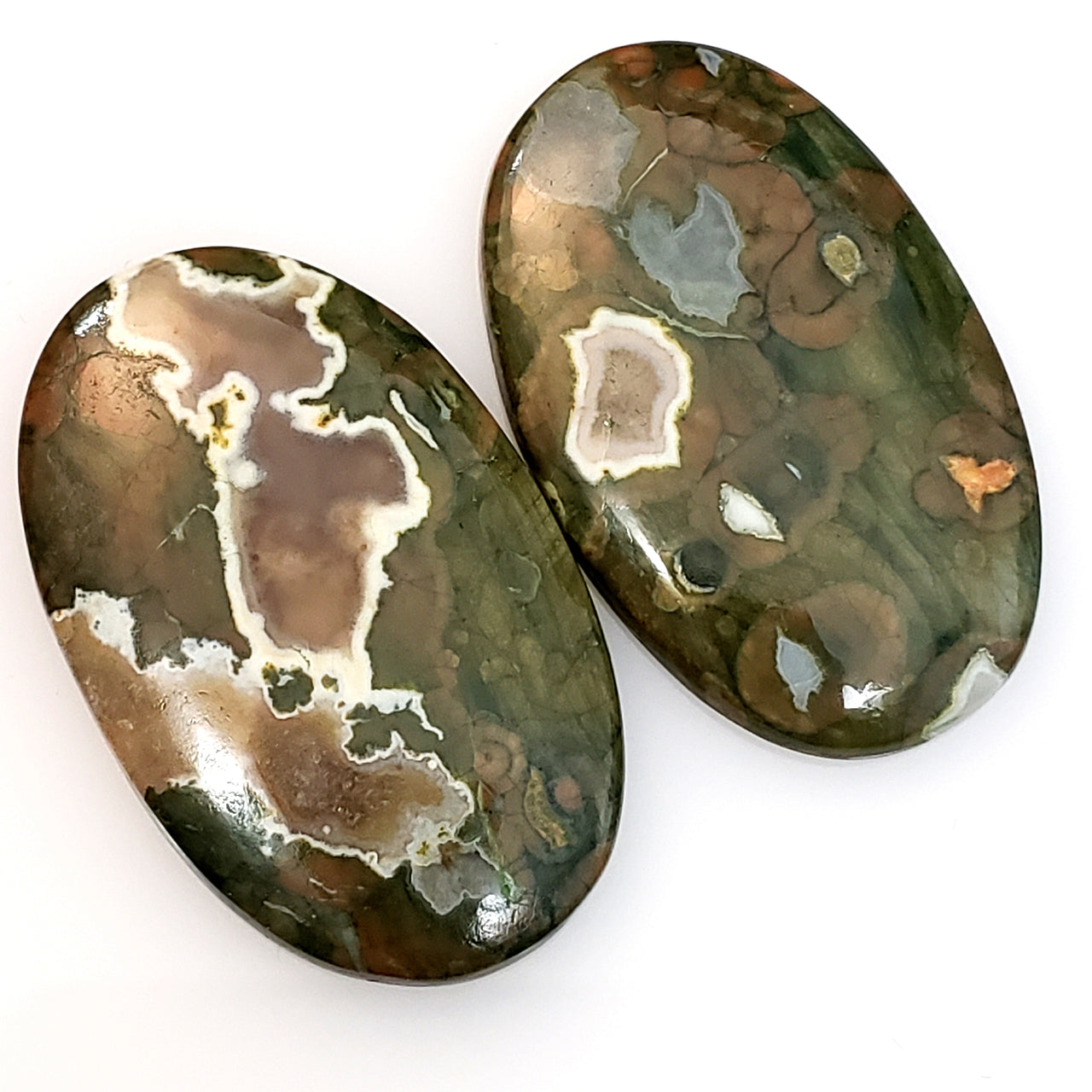 Natural Rhyolite Rainforest Jasper Cabochons Lengths are 37 and 36mm