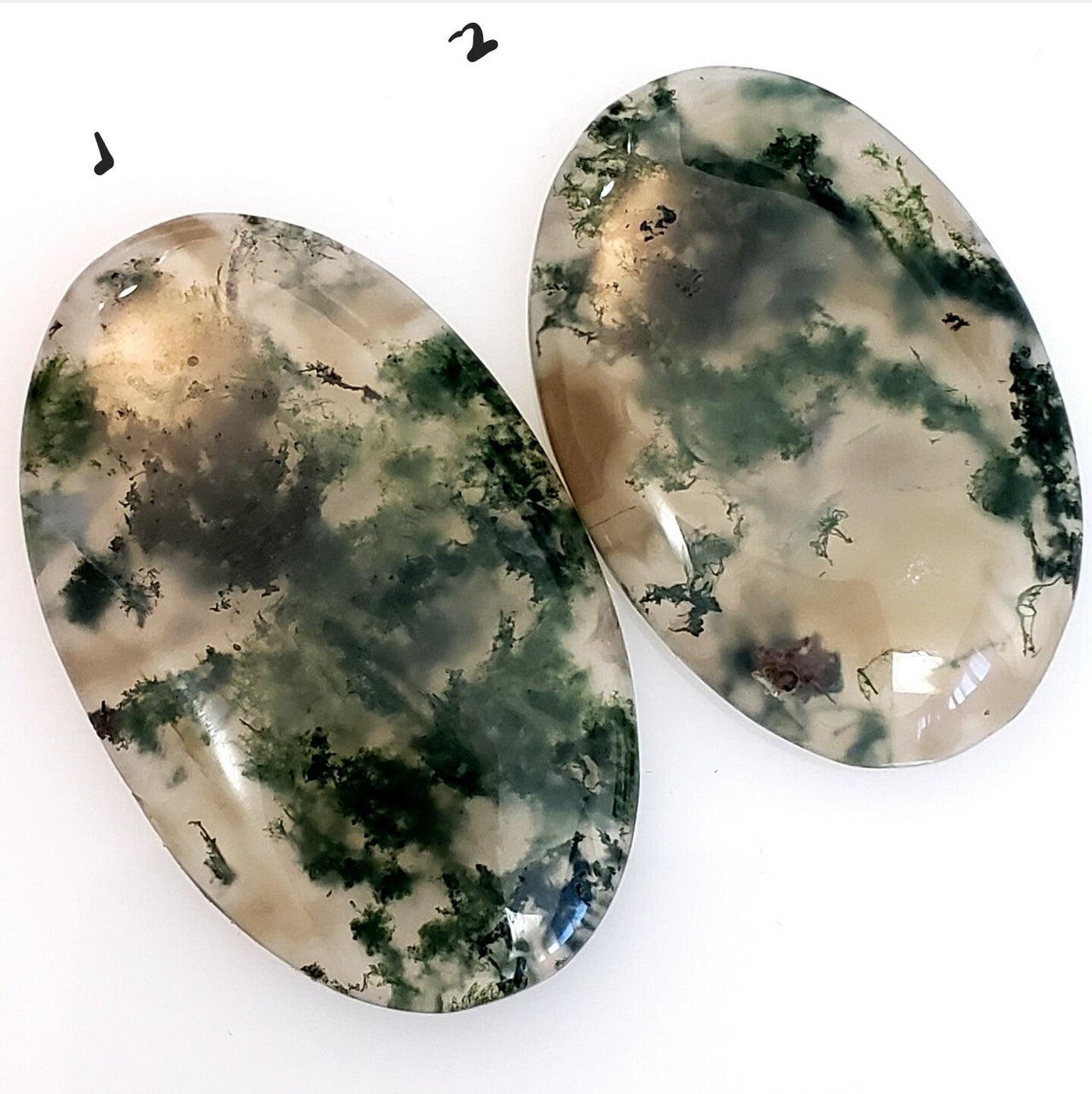 Natural Moss Agate Cabochons Lengths are 43 and 38mm