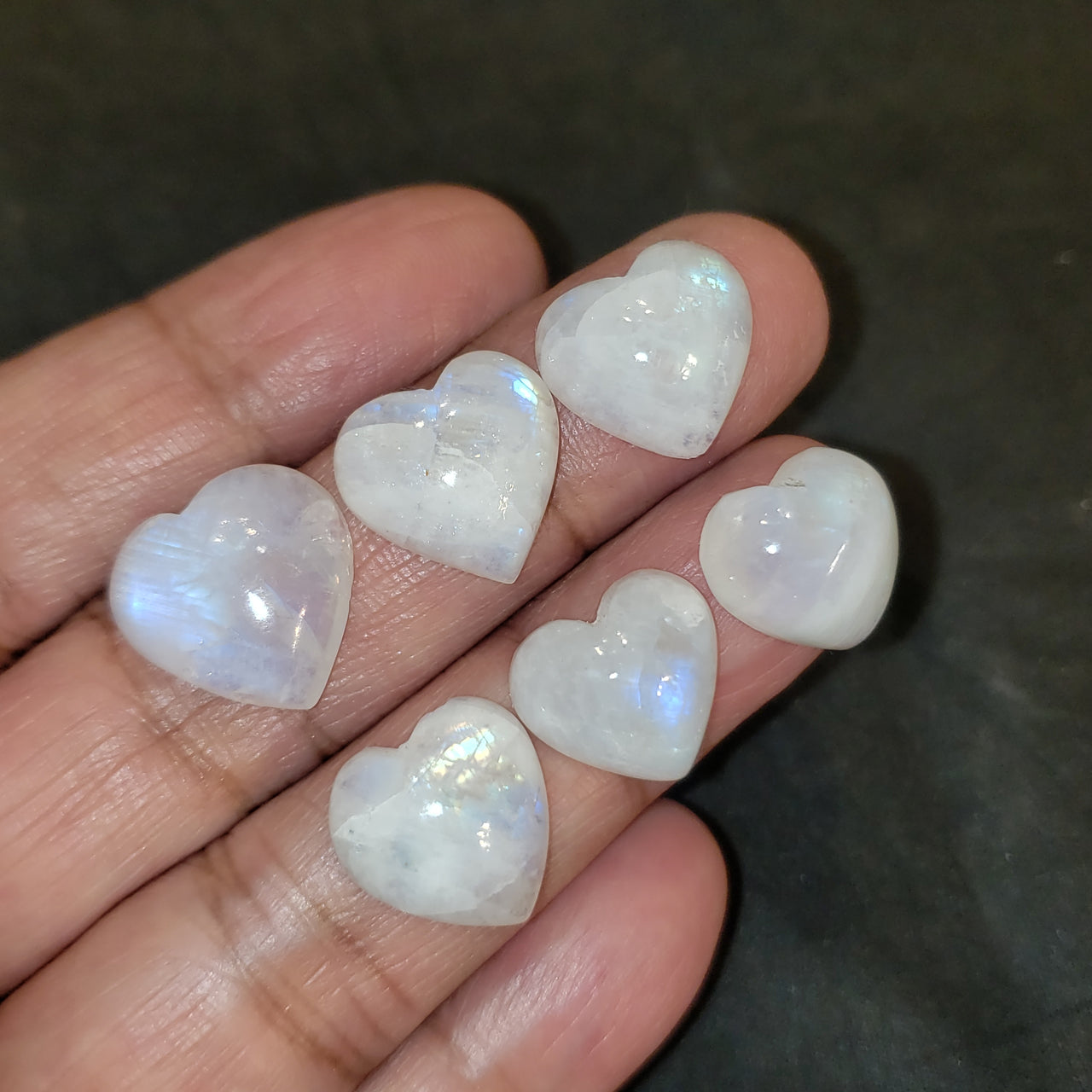 6PCs 57Ct Natural Rainbow Moonstone Heart Cabochon LOT. Size range 13x13mm to 16x16mm