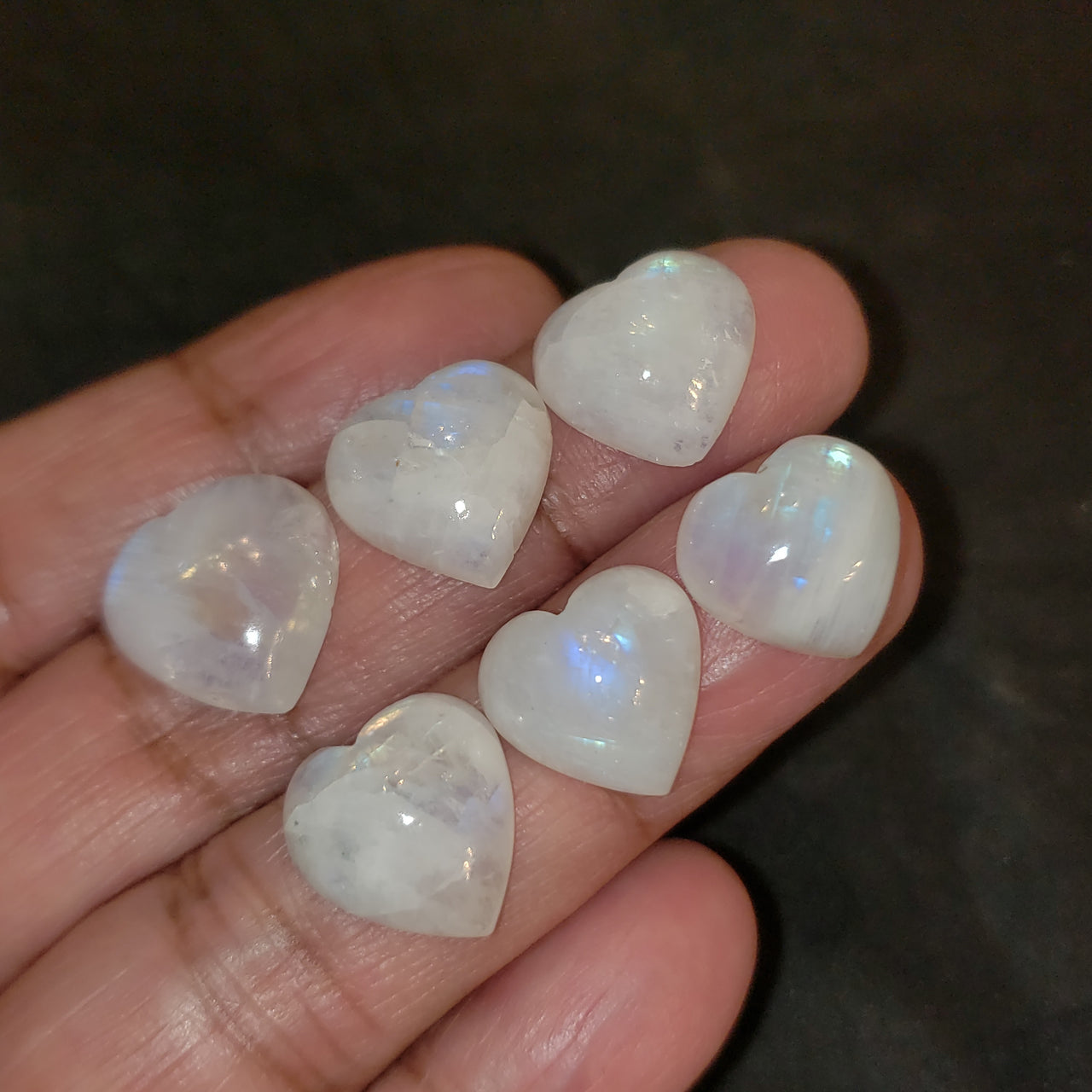 6PCs 57Ct Natural Rainbow Moonstone Heart Cabochon LOT. Size range 13x13mm to 16x16mm