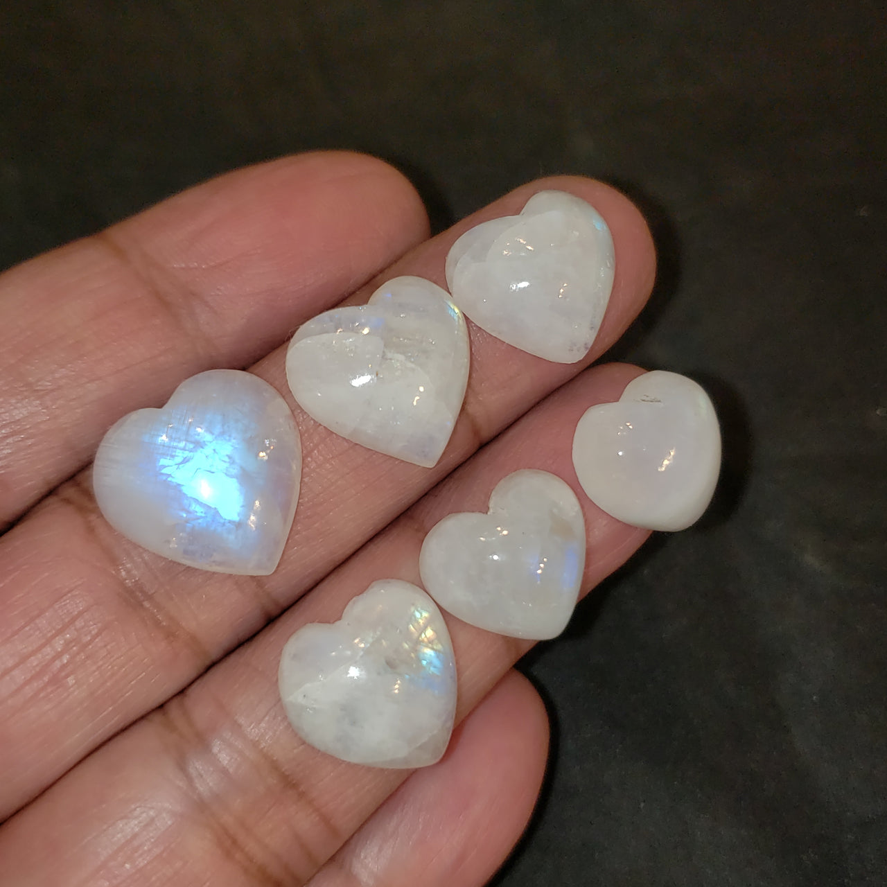 6PCs 57Ct Natural Rainbow Moonstone Heart Cabochon LOT. Size range 13x13mm to 16x16mm