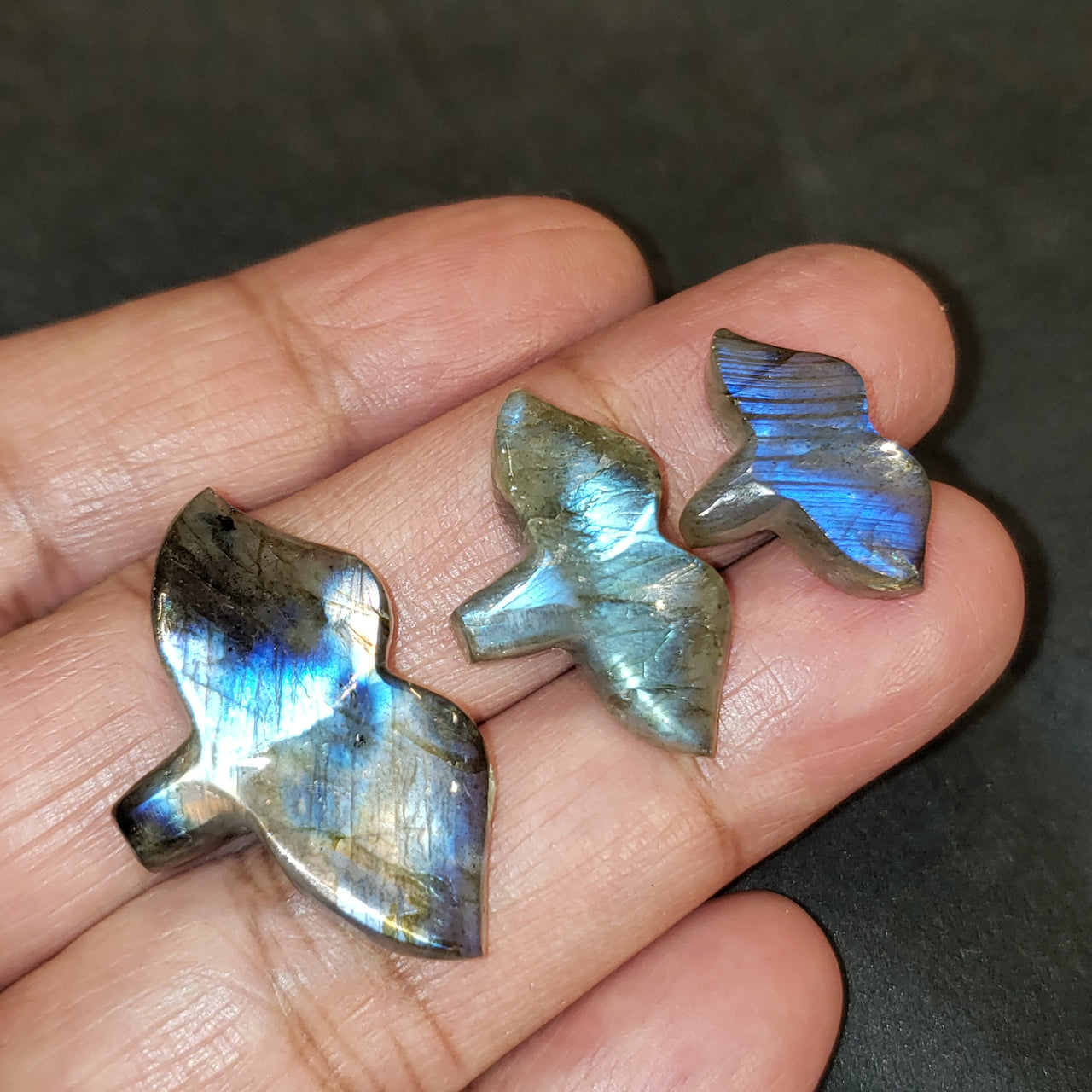 3Pcs 48Ct Natural Labradorite Handcarved Whale Tails LOT. Flat base