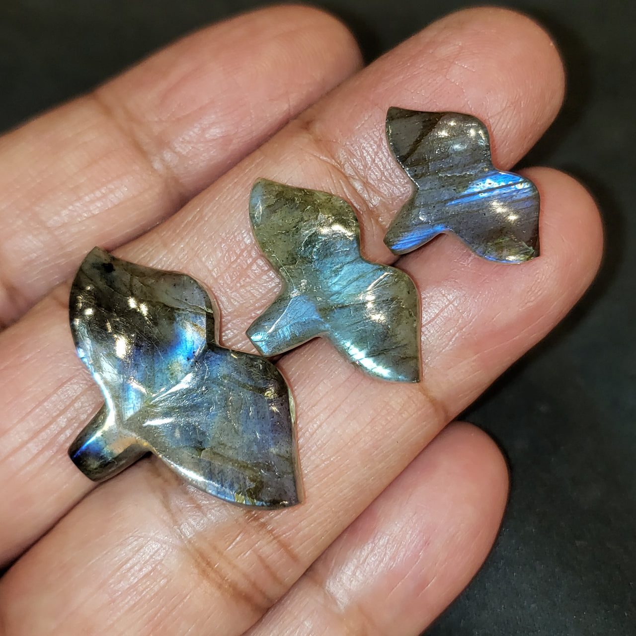 3Pcs 48Ct Natural Labradorite Handcarved Whale Tails LOT. Flat base