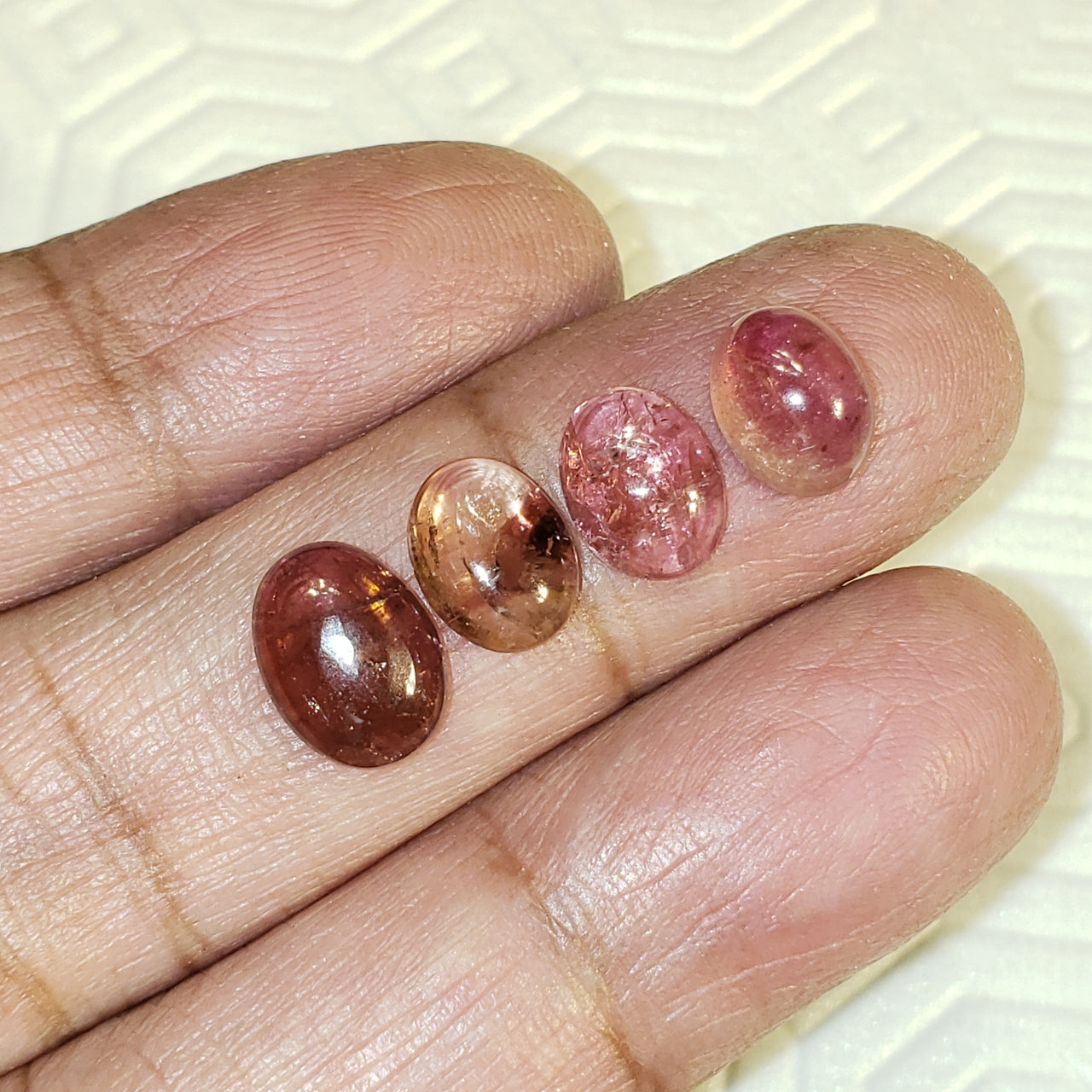 4Pcs 9.5Ct Natural Pink Tourmaline Cabochon LOT. Size range is 9x7mm to 11x8mm