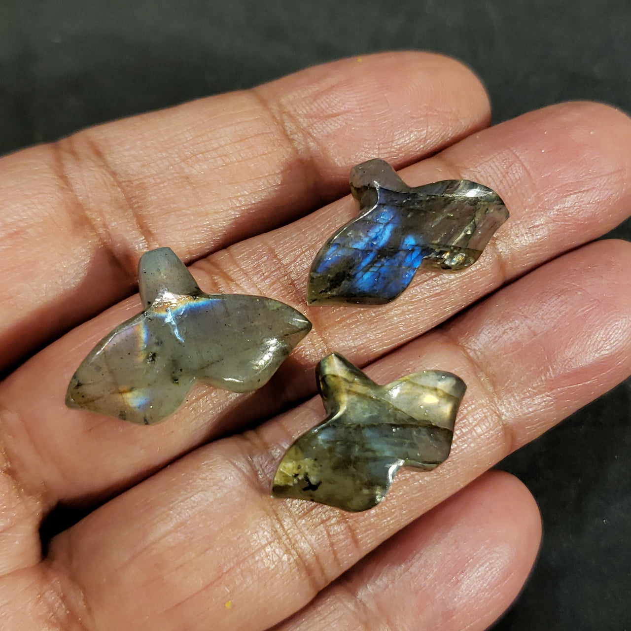 3Pcs 41.5Ct Natural Labradorite Handcarved Whale Tails LOT. Flat base