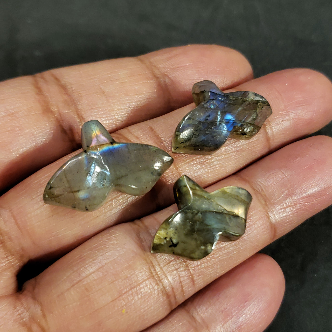 3Pcs 41.5Ct Natural Labradorite Handcarved Whale Tails LOT. Flat base