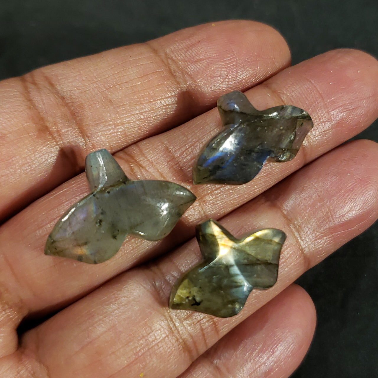 3Pcs 41.5Ct Natural Labradorite Handcarved Whale Tails LOT. Flat base