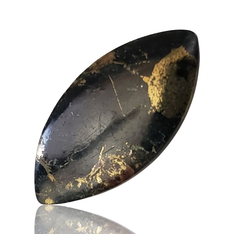 12Ct Natural Apache Gold (Steatite in Golden Pyrite) Cabochon. Size is approx 31x16x3mm