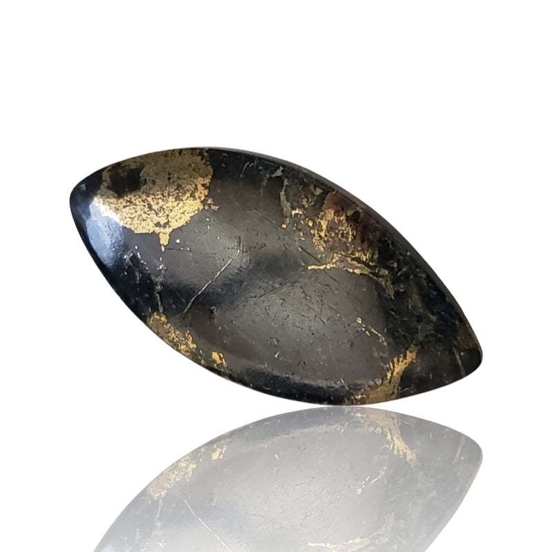 12Ct Natural Apache Gold (Steatite in Golden Pyrite) Cabochon. Size is approx 31x16x3mm