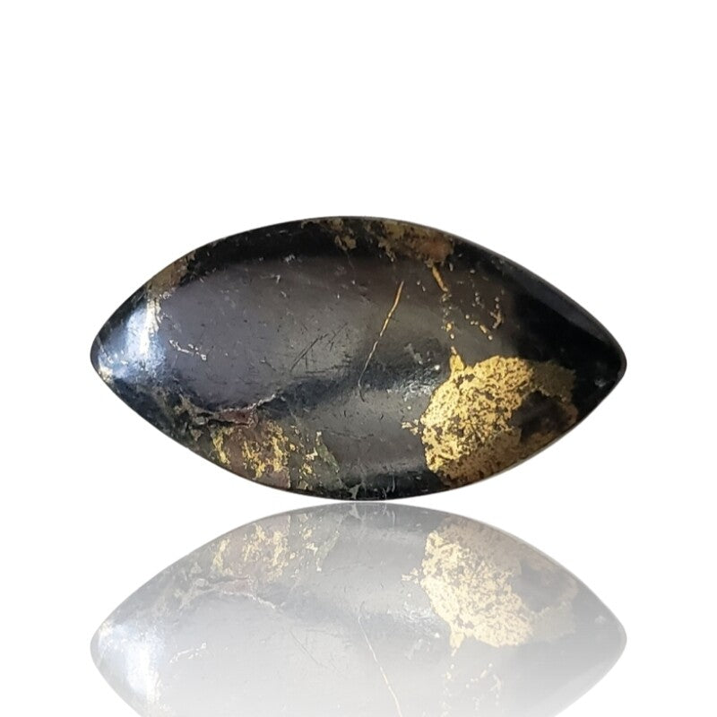 12Ct Natural Apache Gold (Steatite in Golden Pyrite) Cabochon. Size is approx 31x16x3mm