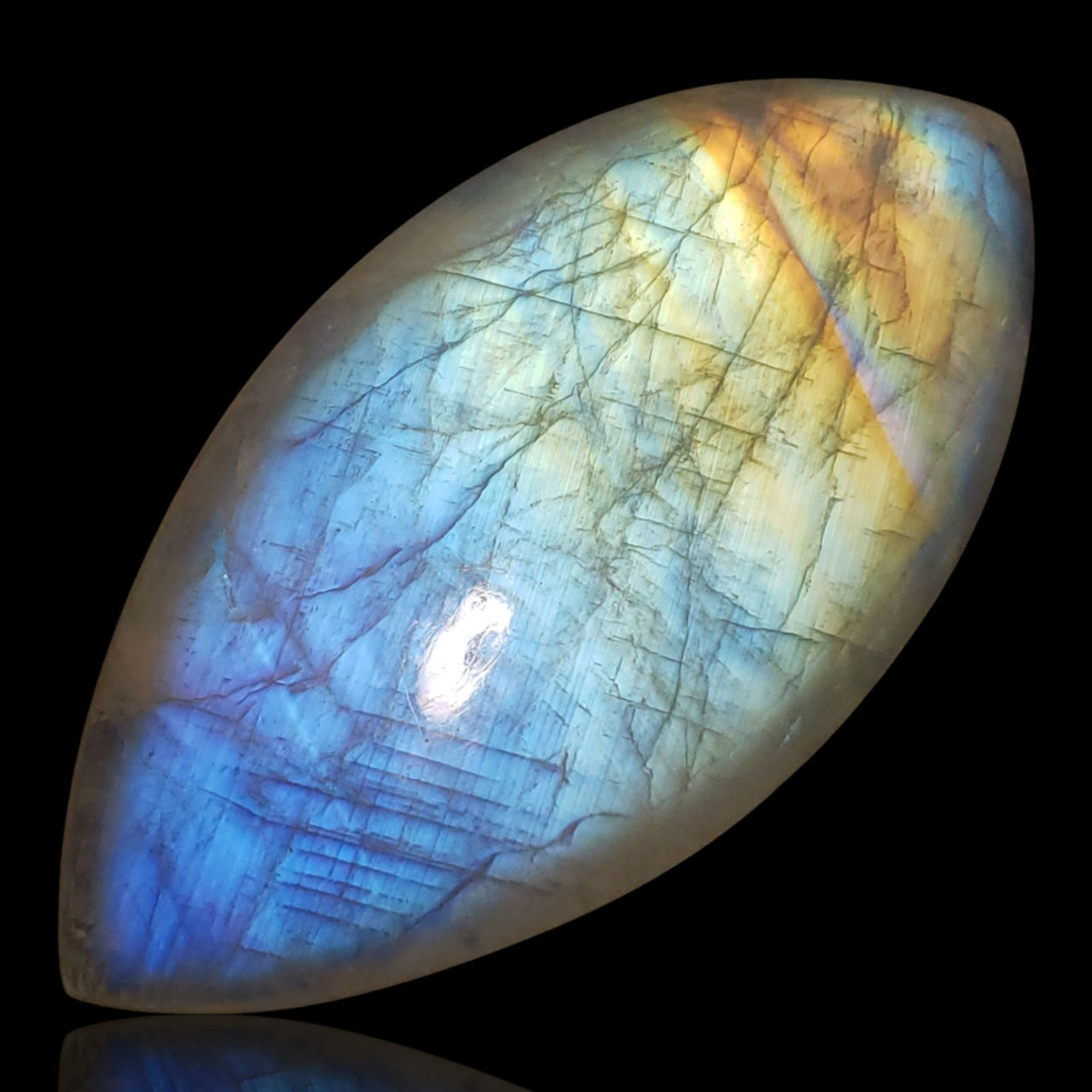 150Ct Natural HUGE High Sheen Rainbow Moonstone Cabochon. Size- approx. 66x33mm