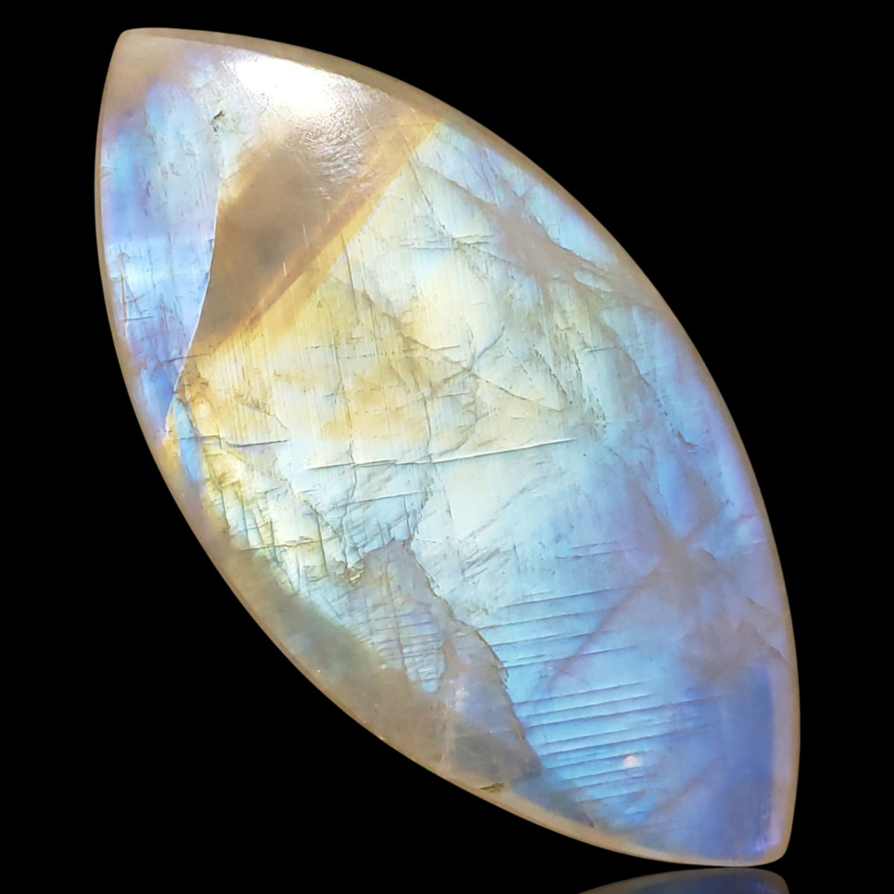 150Ct Natural HUGE High Sheen Rainbow Moonstone Cabochon. Size- approx. 66x33mm