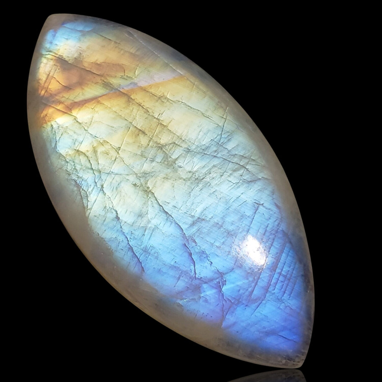 150Ct Natural HUGE High Sheen Rainbow Moonstone Cabochon. Size- approx. 66x33mm