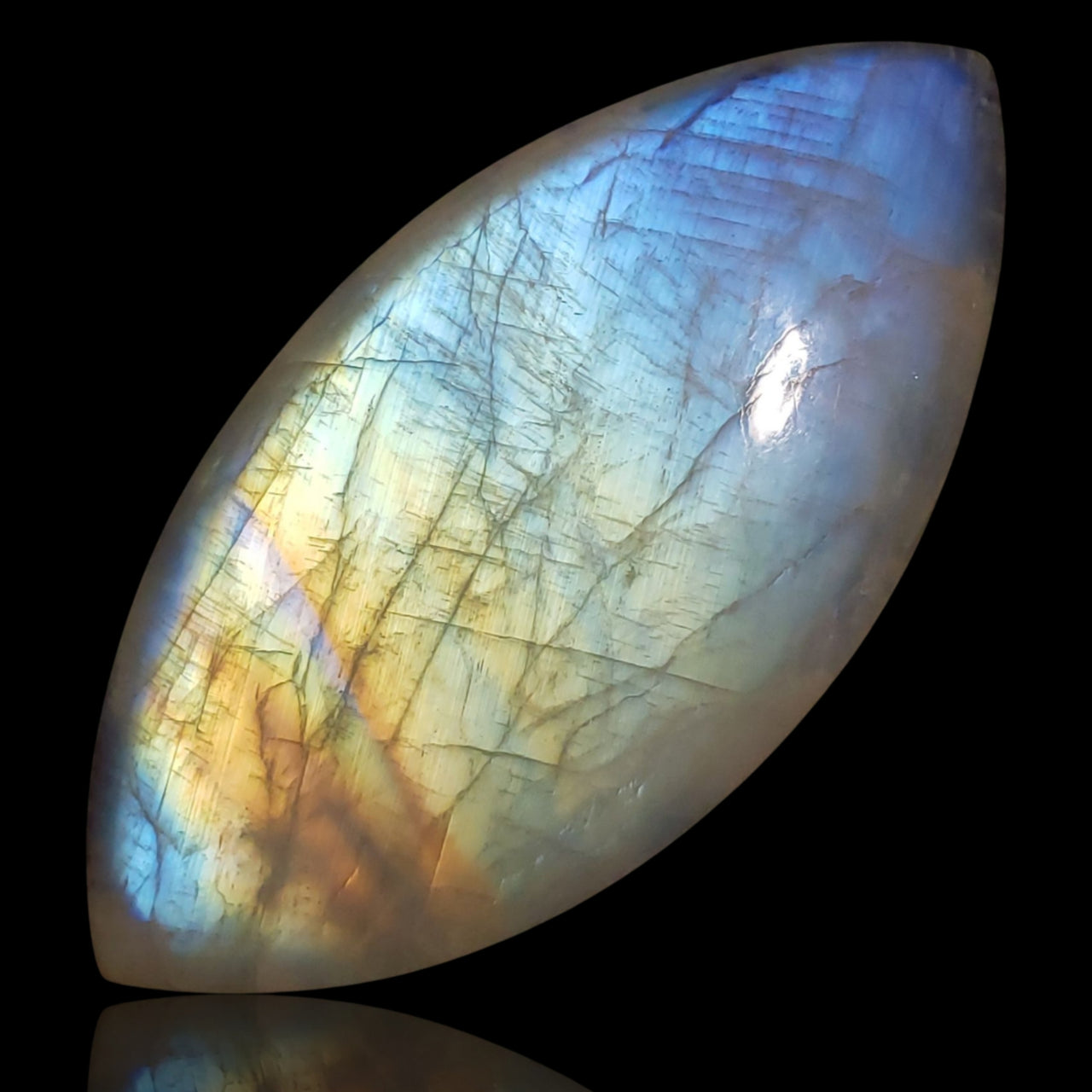 150Ct Natural HUGE High Sheen Rainbow Moonstone Cabochon. Size- approx. 66x33mm