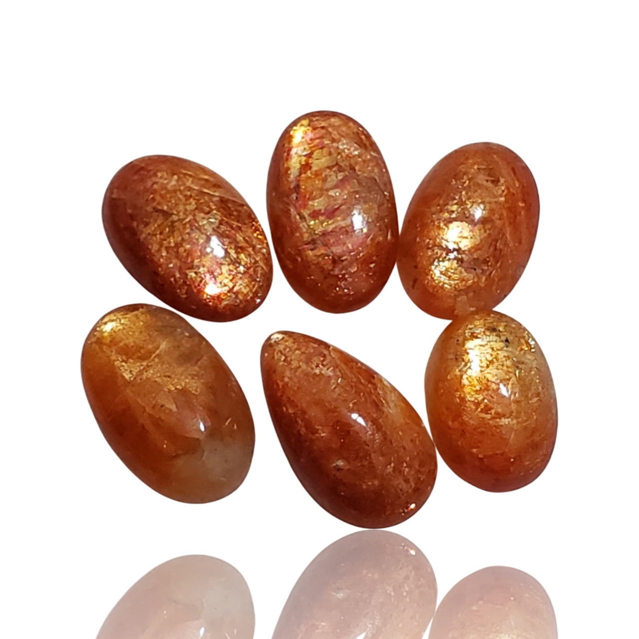 22.5Ct 6Pcs Natural Sunstone Cabochon Lot. Length range- approx. 11.3mm to 14.3mm