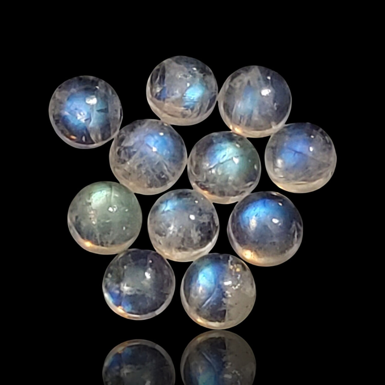 6.5Ct 11Pcs Natural Rainbow Moonstone Cabochon Lot. Size- approx. 5mm