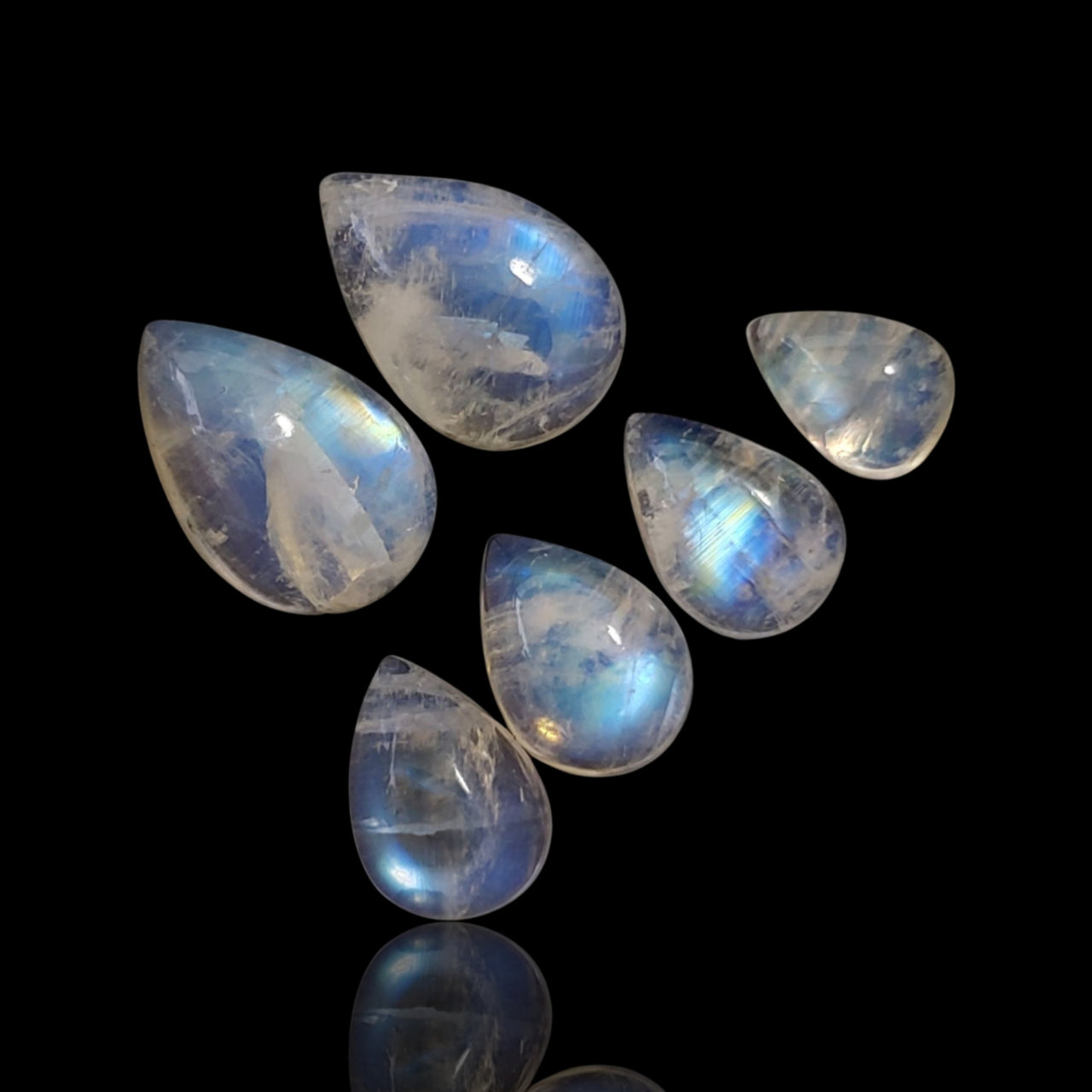 17.5Ct 6Pcs Natural Rainbow Moonstone Cabochon Lot. Length range- approx. 8.3mm to 13mm