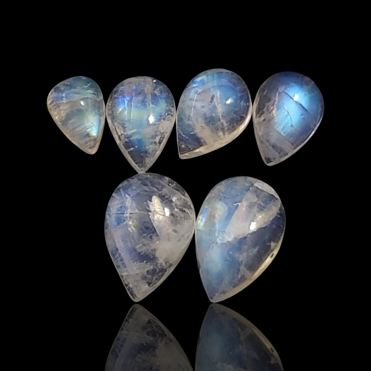 17.5Ct 6Pcs Natural Rainbow Moonstone Cabochon Lot. Length range- approx. 8.3mm to 13mm