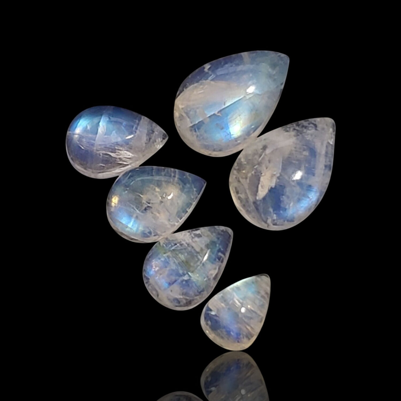 17.5Ct 6Pcs Natural Rainbow Moonstone Cabochon Lot. Length range- approx. 8.3mm to 13mm