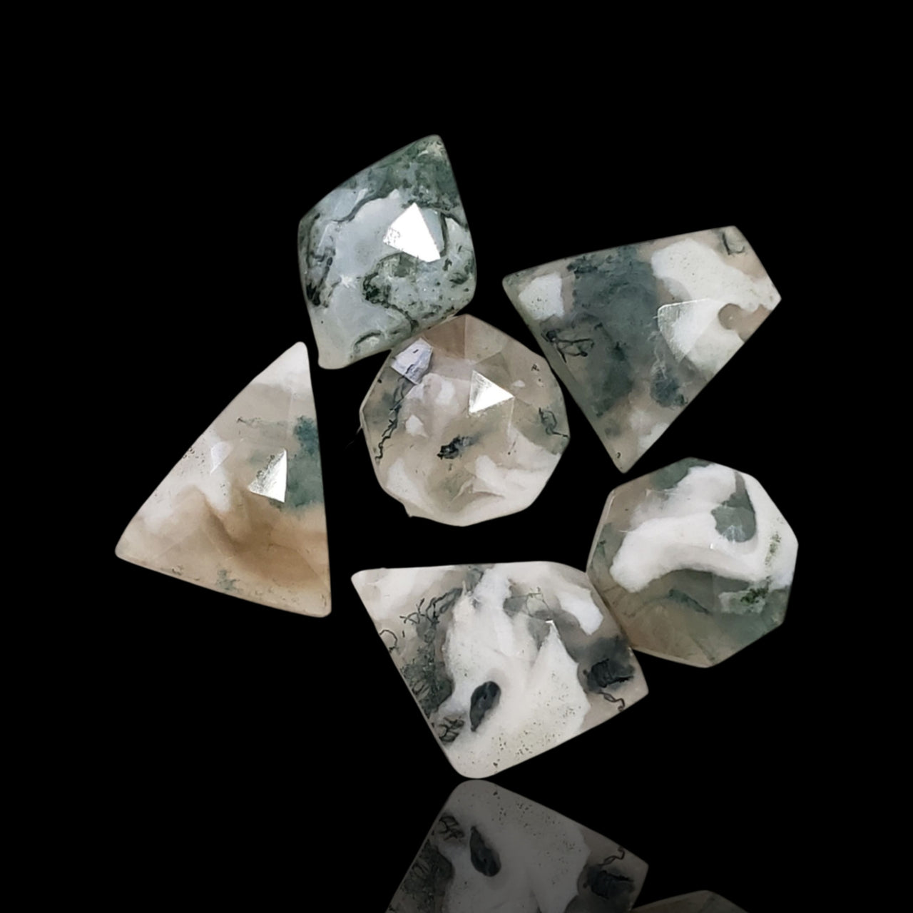 32.5Ct 6Pcs Natural Moss Agate Rose Cut Cabochon Lot. Length range- approx. 12mm to 19mm