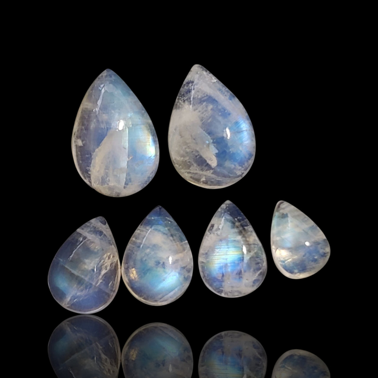 17.5Ct 6Pcs Natural Rainbow Moonstone Cabochon Lot. Length range- approx. 8.3mm to 13mm