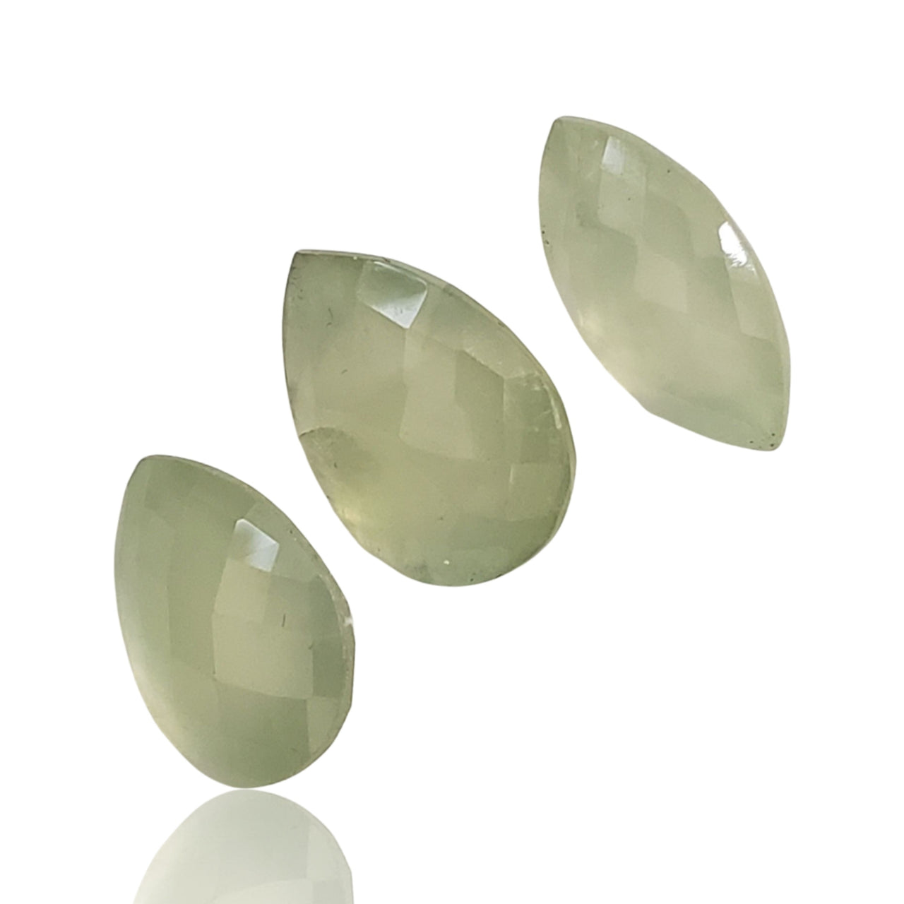 25Ct 3Pcs Natural Prehnite Checker Cut LOT. No flat base. Length range- approx. 15mm to 17mm