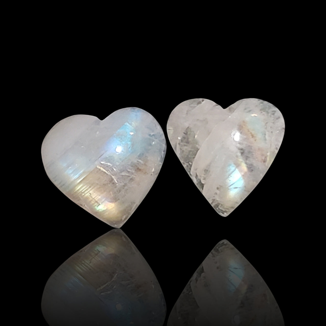 12Ct 2Pcs Natural Rainbow Moonstone Heart Cabochon LOT. Size- approx. 13x13mm and 14x13mm