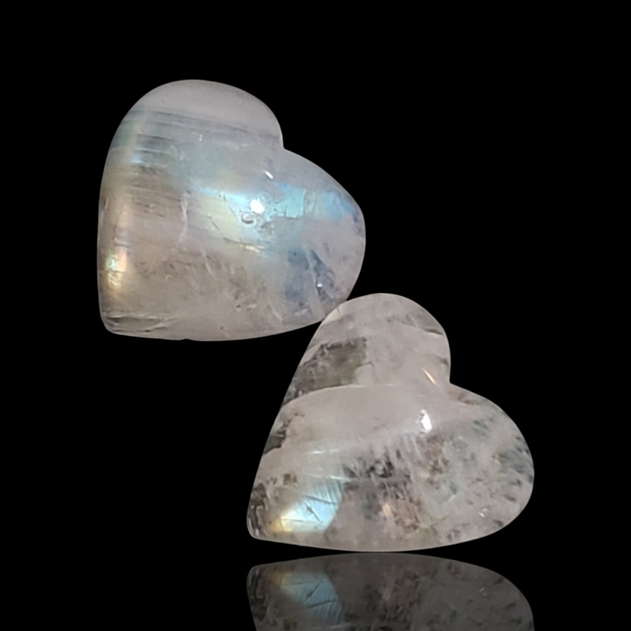 12Ct 2Pcs Natural Rainbow Moonstone Heart Cabochon LOT. Size- approx. 13x13mm and 14x13mm