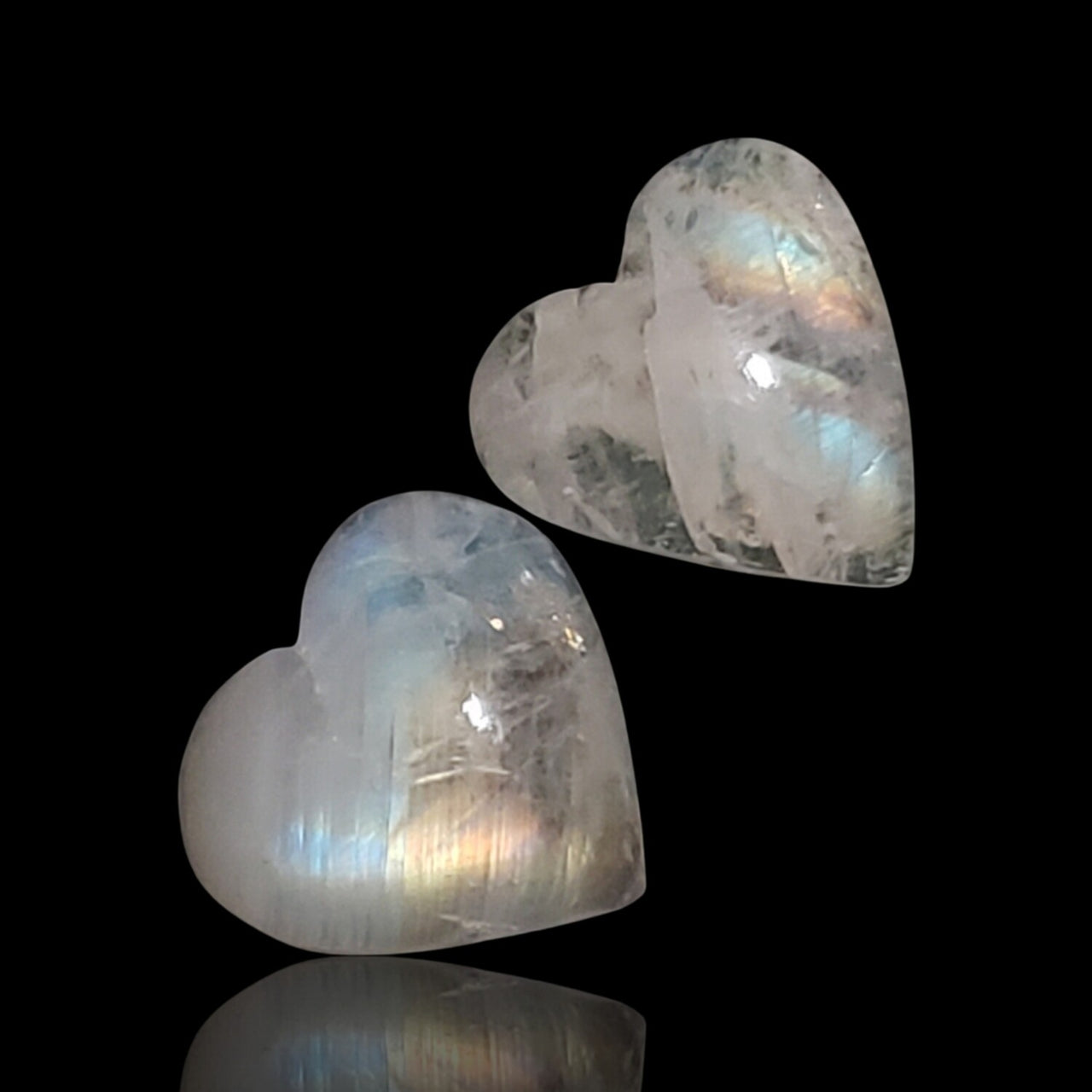 12Ct 2Pcs Natural Rainbow Moonstone Heart Cabochon LOT. Size- approx. 13x13mm and 14x13mm