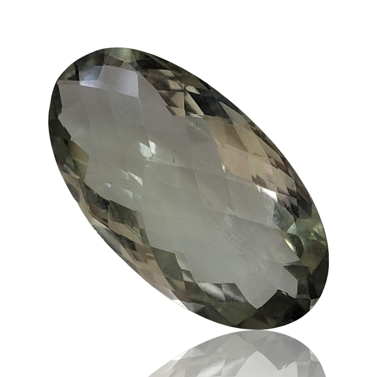 26Ct Natural Green Amethyst Checkcut Faceted. No flat base. Size- approx. 29x16x10mm