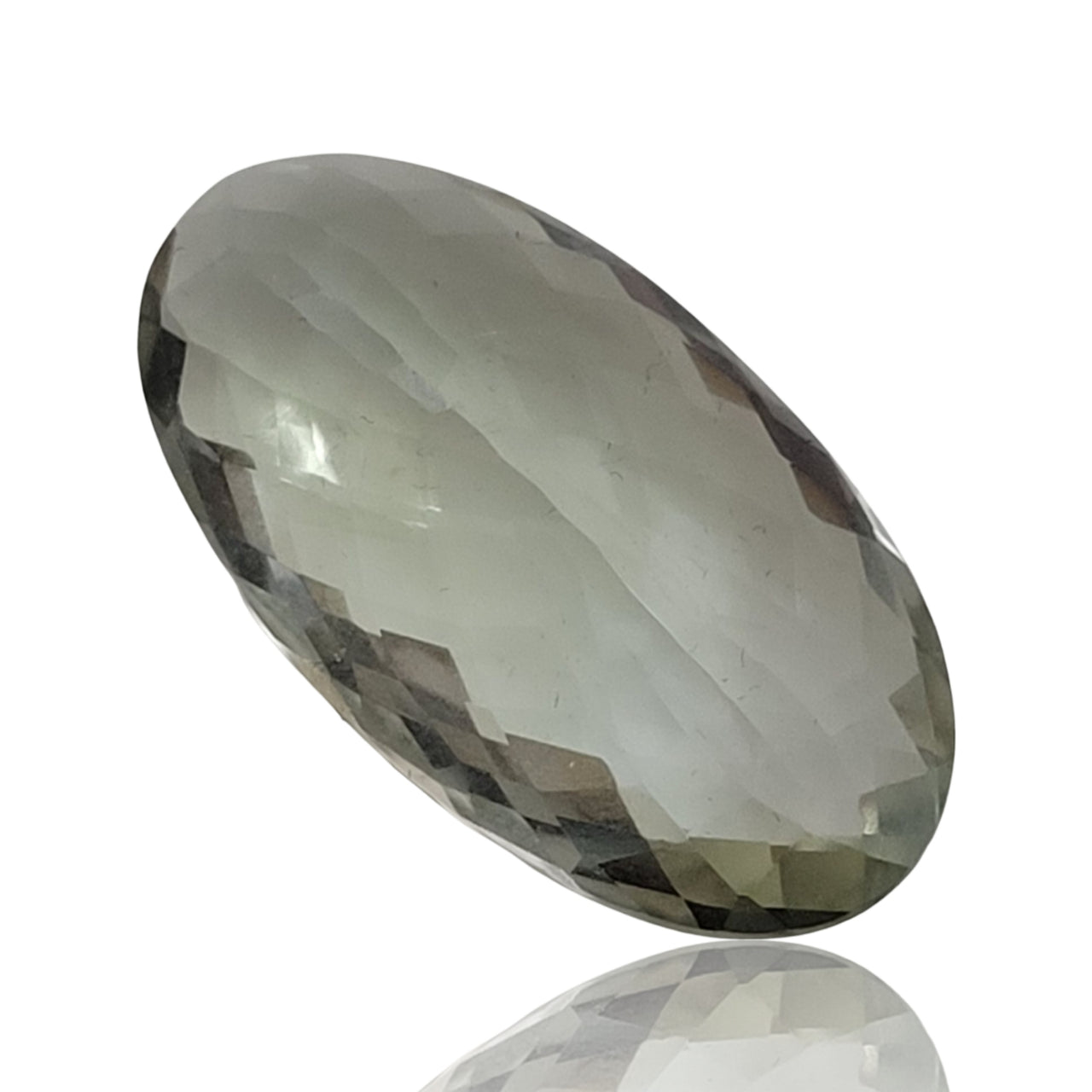 26Ct Natural Green Amethyst Checkcut Faceted. No flat base. Size- approx. 29x16x10mm