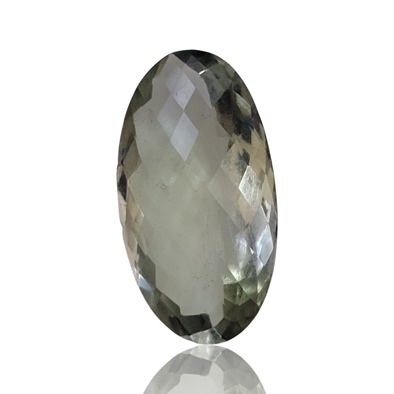 26Ct Natural Green Amethyst Checkcut Faceted. No flat base. Size- approx. 29x16x10mm