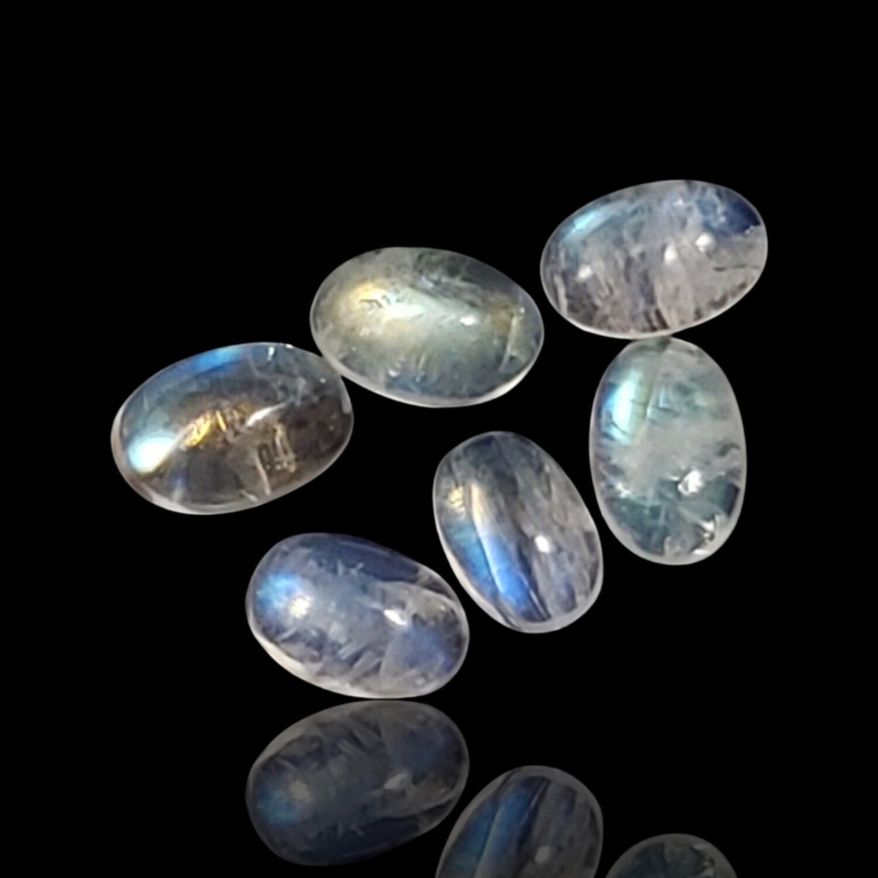 3.5Ct 6Pcs Natural Rainbow Moonstone Oval Cabochon Lot. Size- approx. 6x4mm each