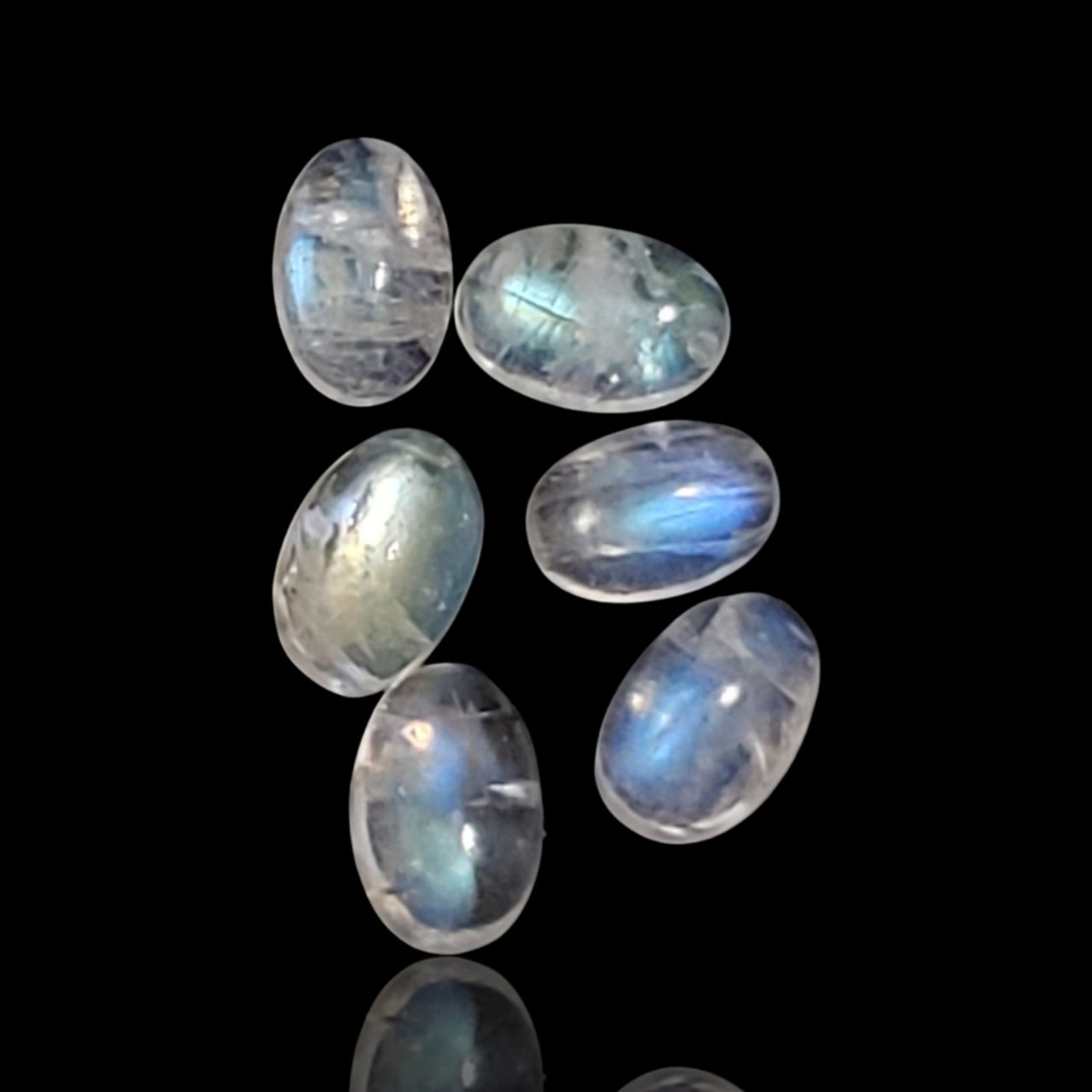 3.5Ct 6Pcs Natural Rainbow Moonstone Oval Cabochon Lot. Size- approx. 6x4mm each