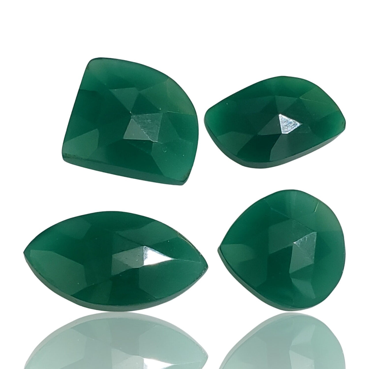 53Ct 4PCs Natural Green Onyx Faceted Rose Cut Cabochon LOT. Size- approx. 17mm to 25mm