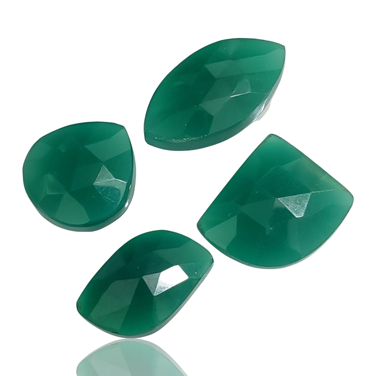 53Ct 4PCs Natural Green Onyx Faceted Rose Cut Cabochon LOT. Size- approx. 17mm to 25mm