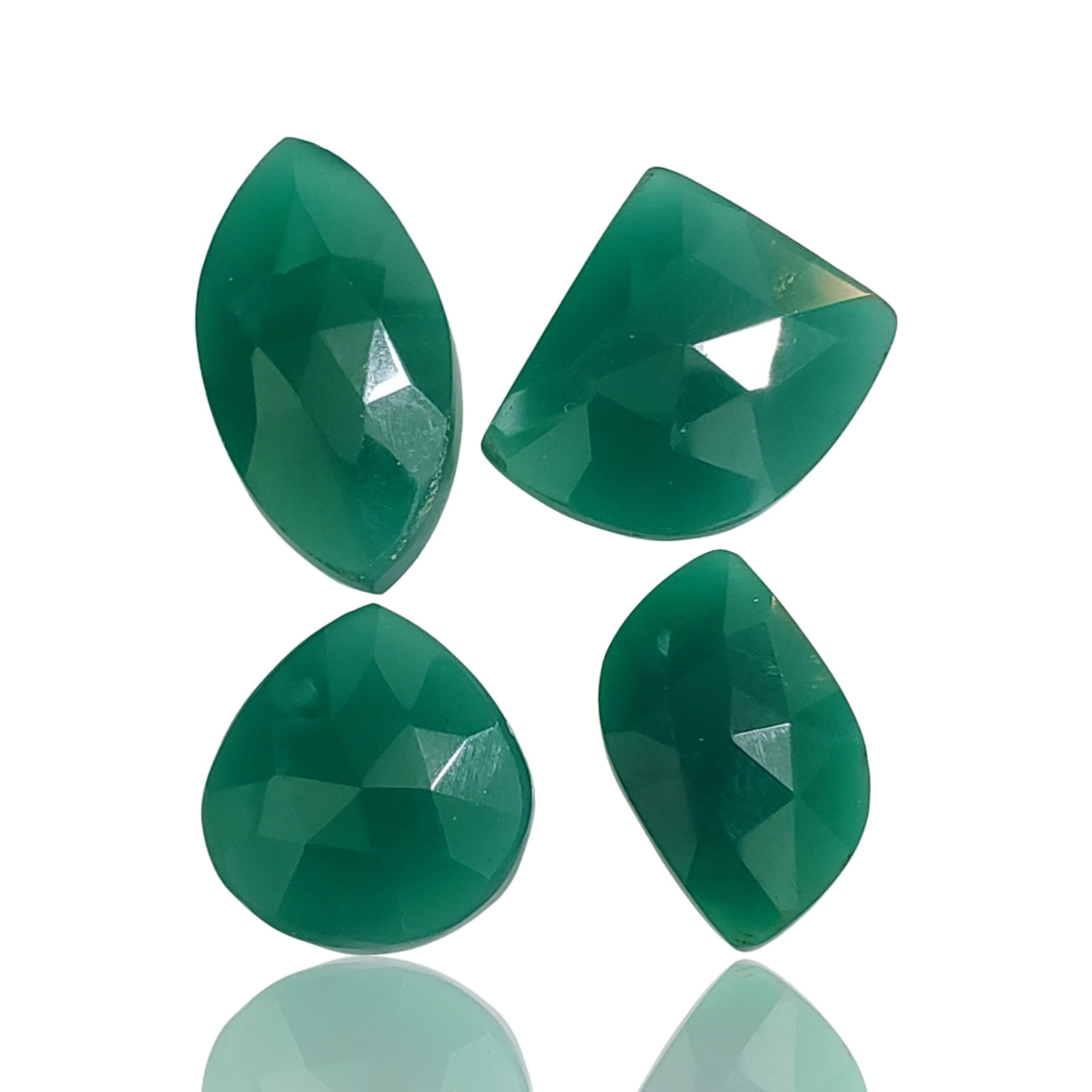 53Ct 4PCs Natural Green Onyx Faceted Rose Cut Cabochon LOT. Size- approx. 17mm to 25mm