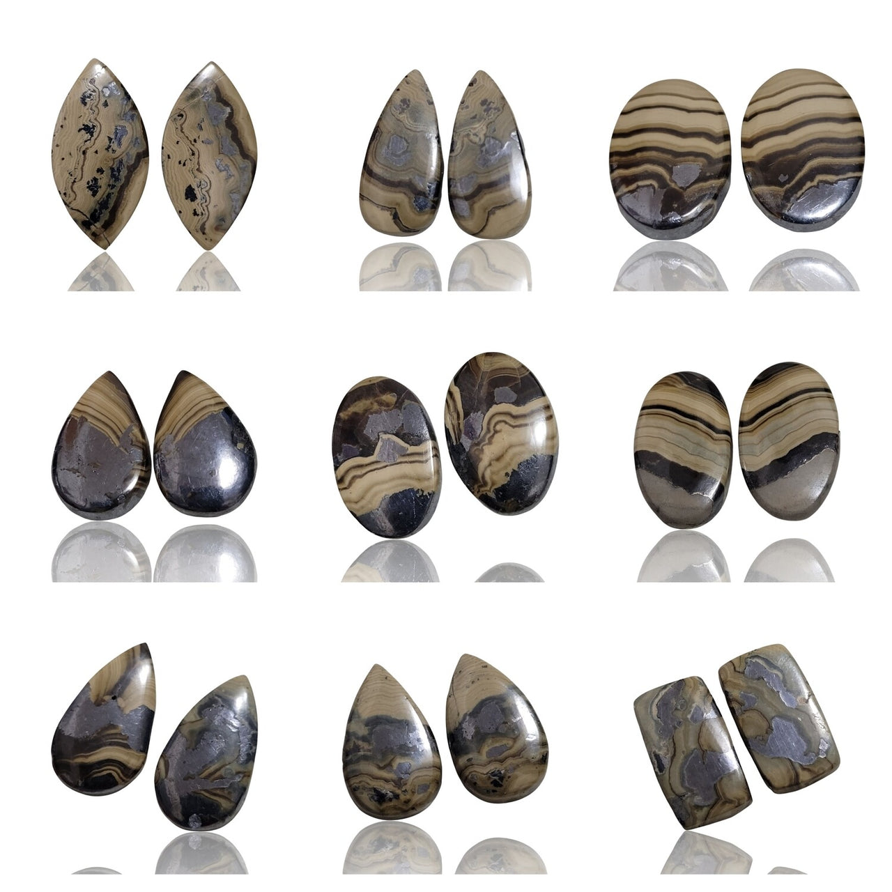 Natural Galena And Schalenblende Cabochon Pairs