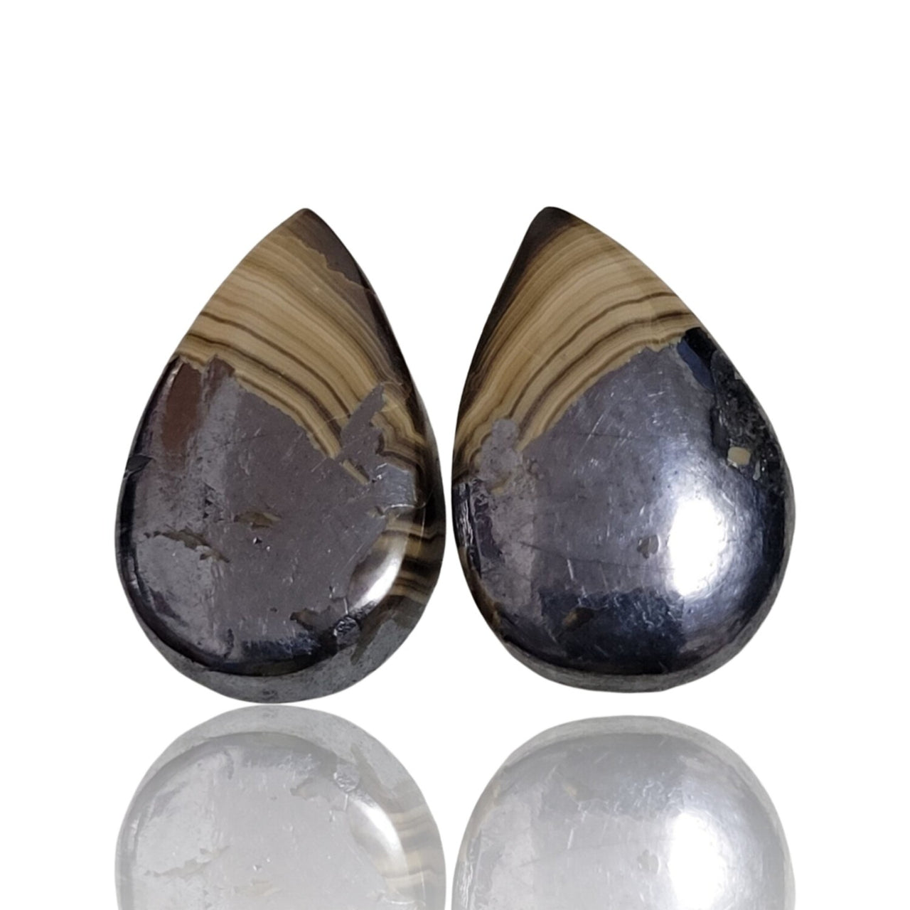 Natural Galena And Schalenblende Cabochon Pairs - 1) 29Ct, approx. 19x12mm each