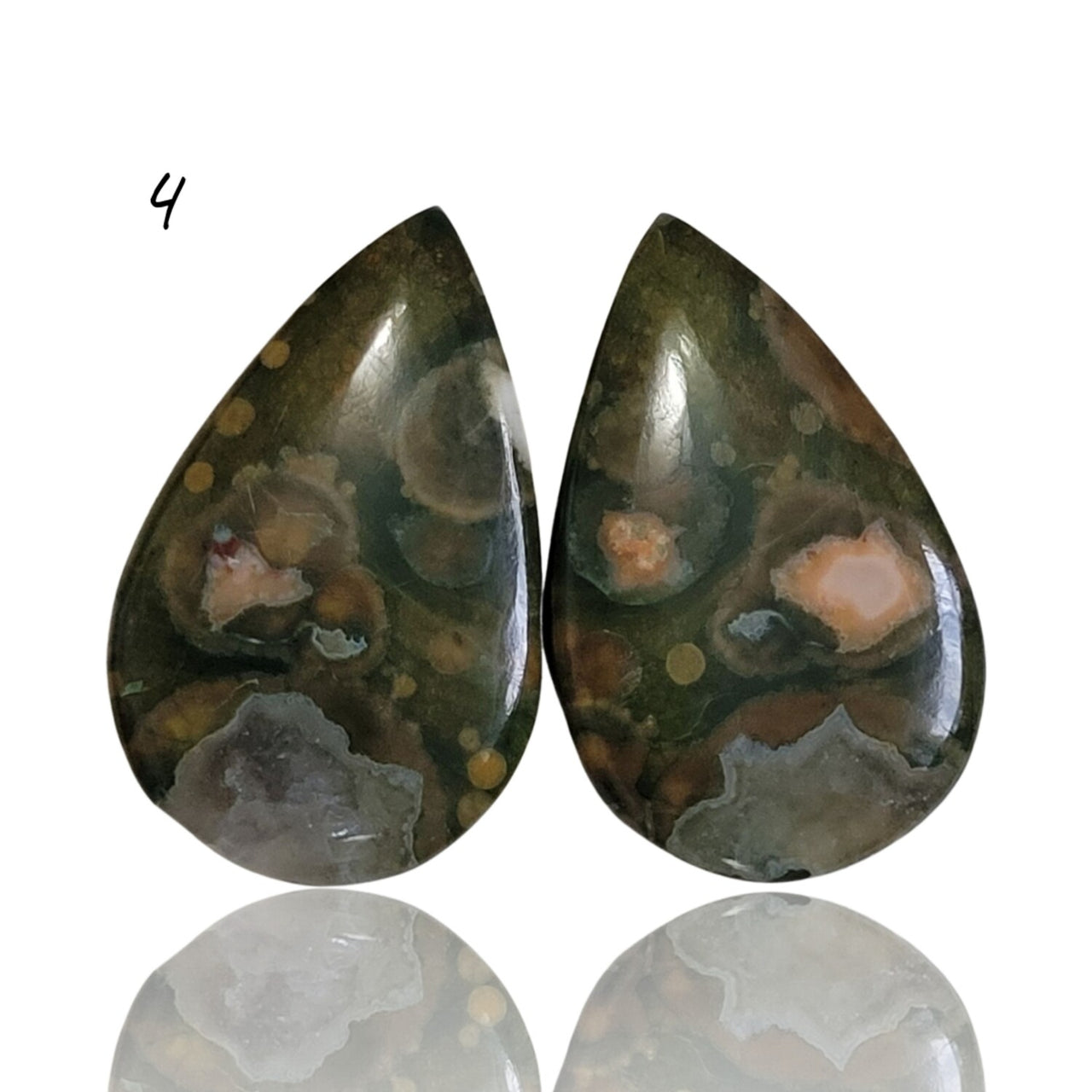 Natural Rhyolite Rainforest Jasper Cabochon Pairs - 4) 19Ct, approx. 23x14mm each