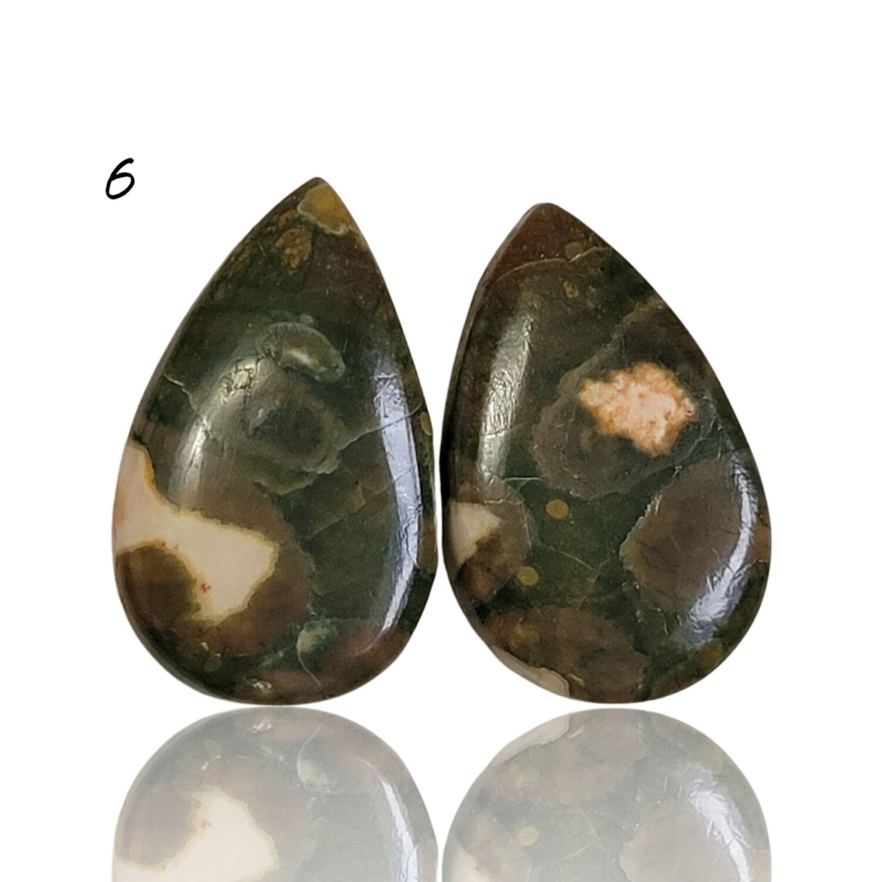 Natural Rhyolite Rainforest Jasper Cabochon Pairs - 6) 11Ct, approx. 19x12mm each