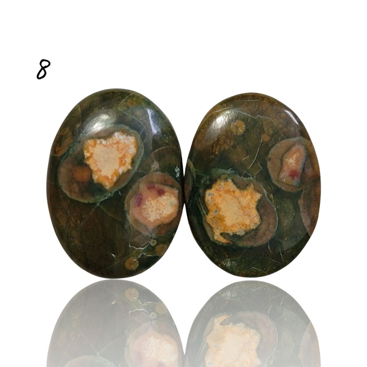 Natural Rhyolite Rainforest Jasper Cabochon Pairs - 8) 15Ct, approx. 19x14mm each